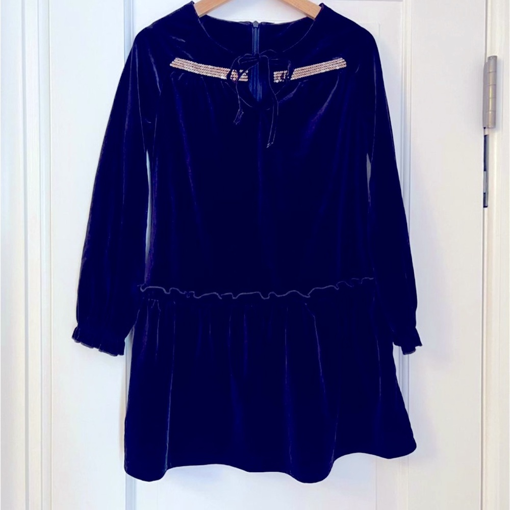 EGG British designer blue velvet girls party dress - age 7 (fits 6-8) - AS NEW